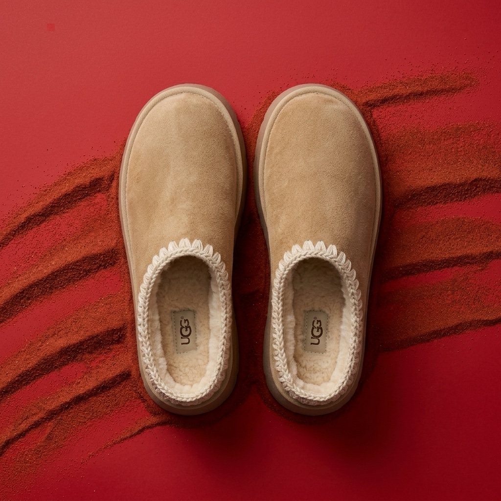 lifestyle product image of a tan suede slipper staged on rust-red sand