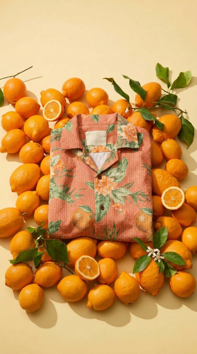 folded floral camp shirt surrounded by fresh oranges and citrus leaves