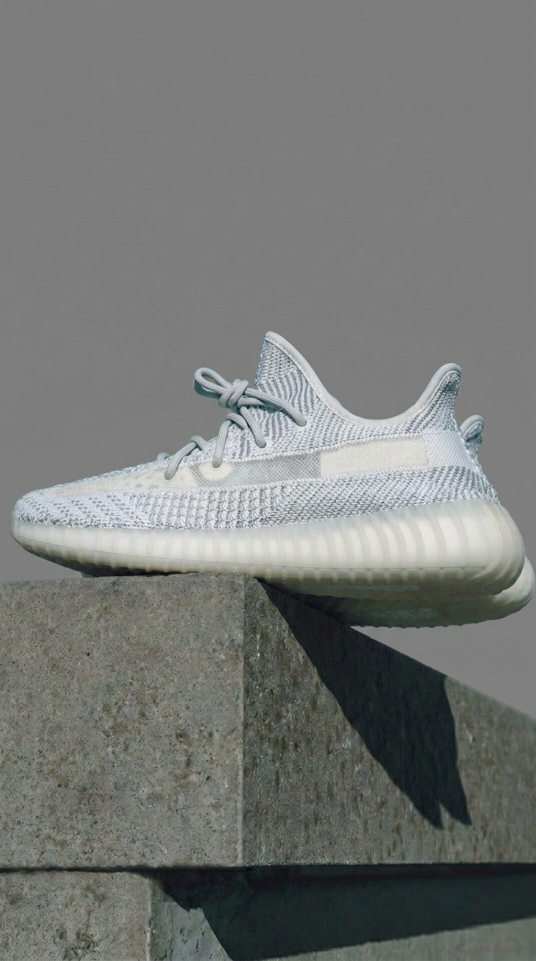 white knit running shoe perched on a concrete ledge against a gray wall