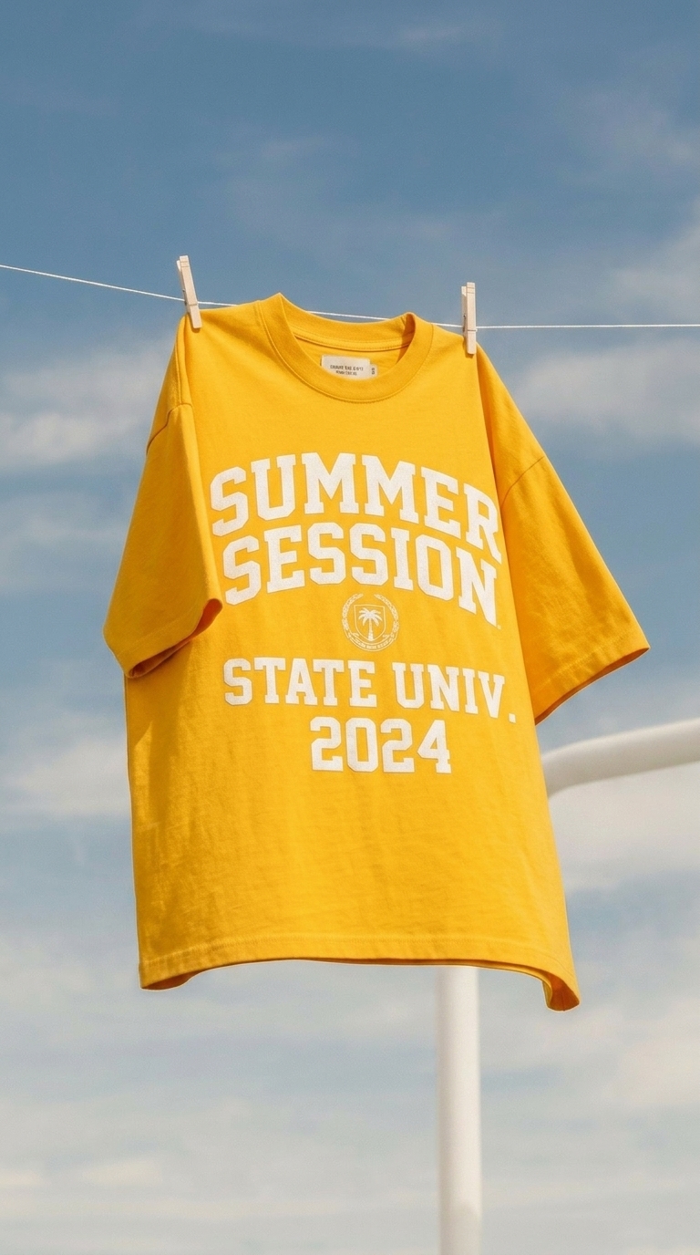 yellow graphic tee pinned to a clothesline against an open blue sky