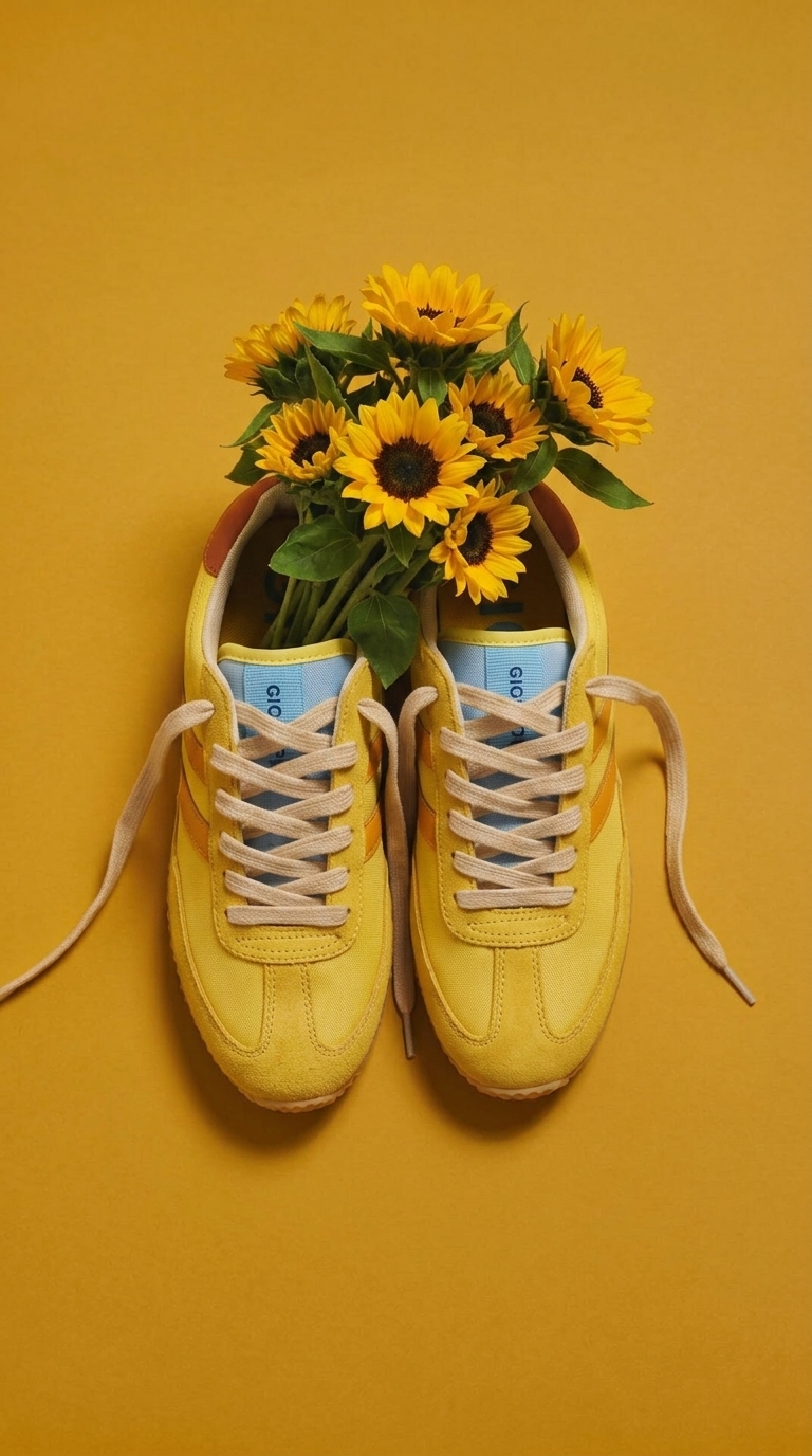 yellow suede trainers in a flat lay with sunflowers on a marigold backdrop
